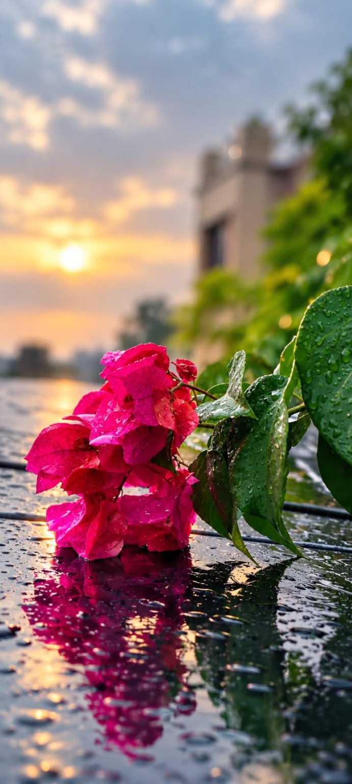 Pink bougainvillea and raindrops catching the warm evening light.